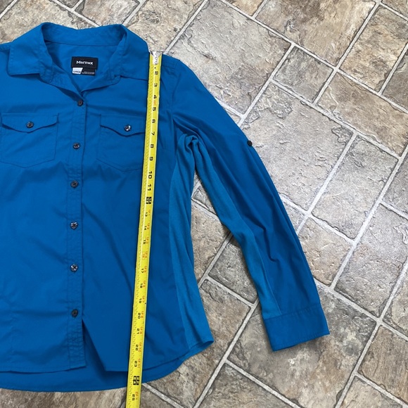Marmot Long Sleeve Button Down Shirt Small Zippered Side Pocket, Blue - Picture 9 of 11